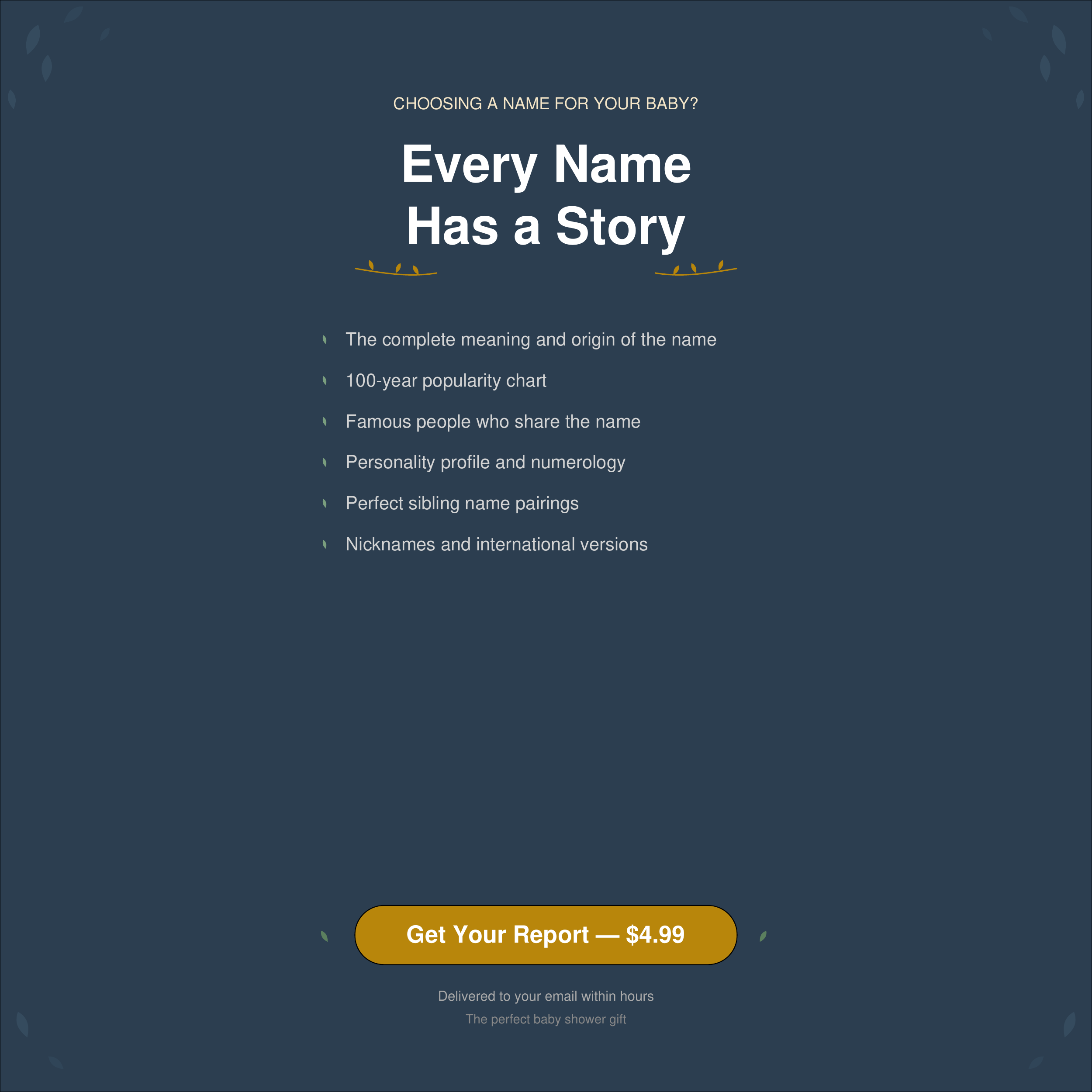 Personalized baby name report — the perfect gift for expecting parents, delivered by email