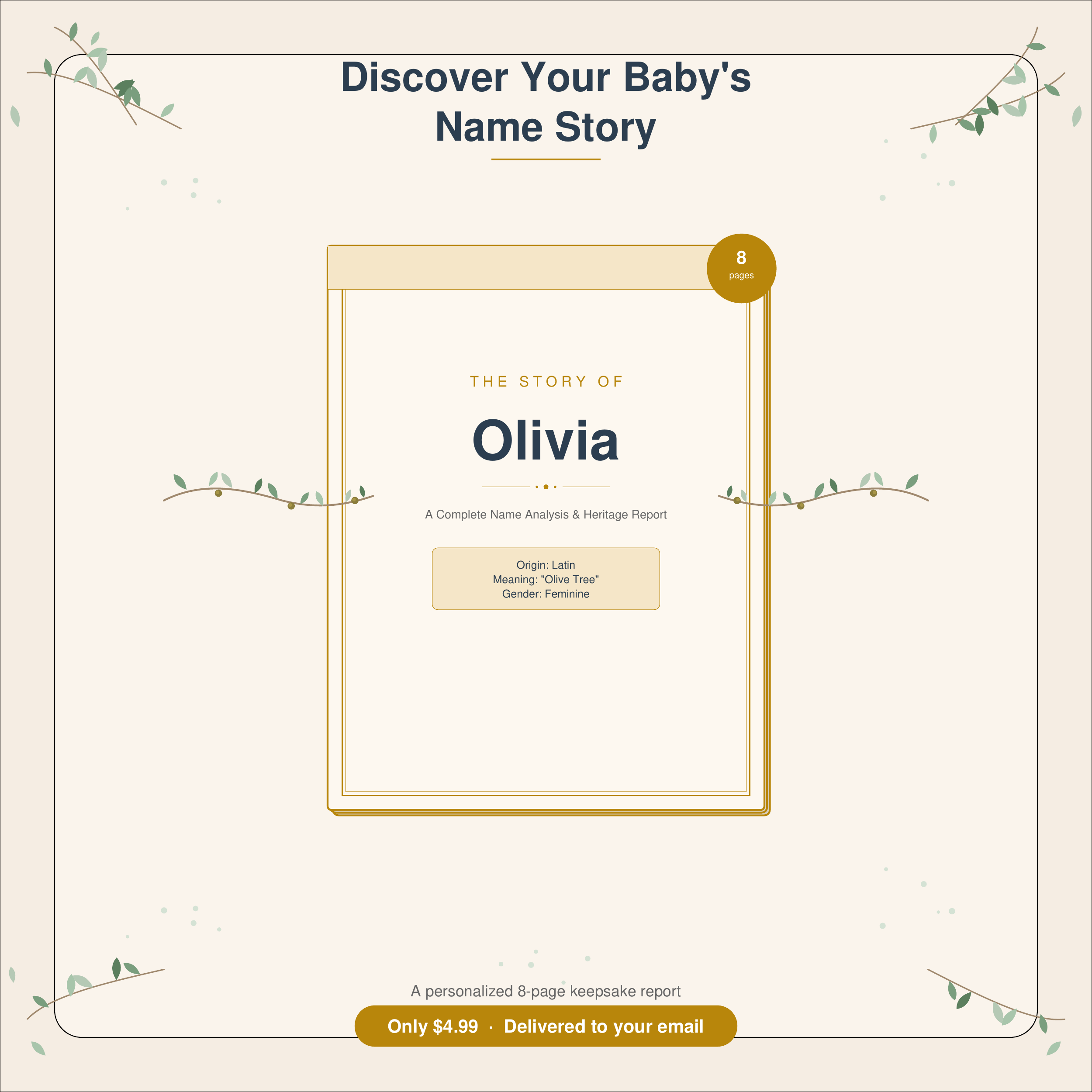 Baby Name Story personalized name report — showing name meaning, origin and etymology