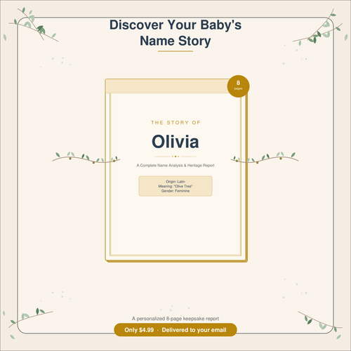 Baby Name Story personalized name report — showing name meaning, origin and etymology